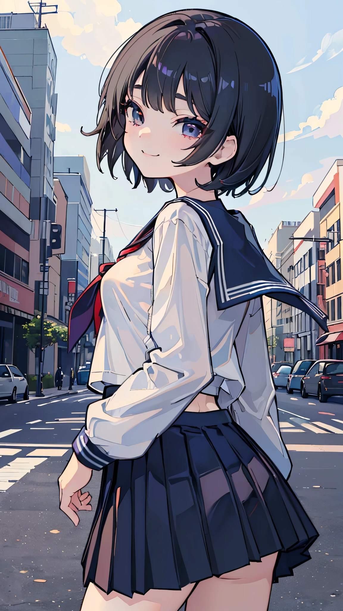 ((masterpiece、Highest quality、Very detailed))、One girl、Black Hair、short hair、Grey Eyes、evil smile、((Small breasts))、((serafuku))、Long sleeve、((Navy blue pleated skirt))、Cowboy Shot、turn around、Turn your back、Shoot from behind、Downtown background