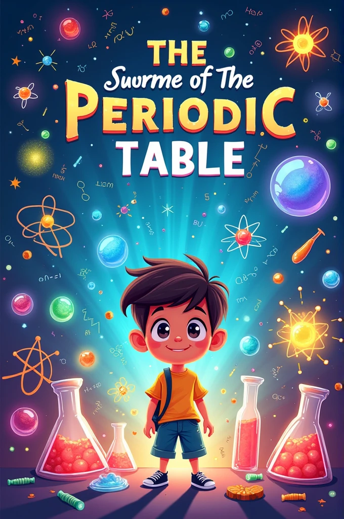 I am a 2nd grade student and I want you to create a cover for a book, The topic is mainly about everything that has to do with the periodic table.