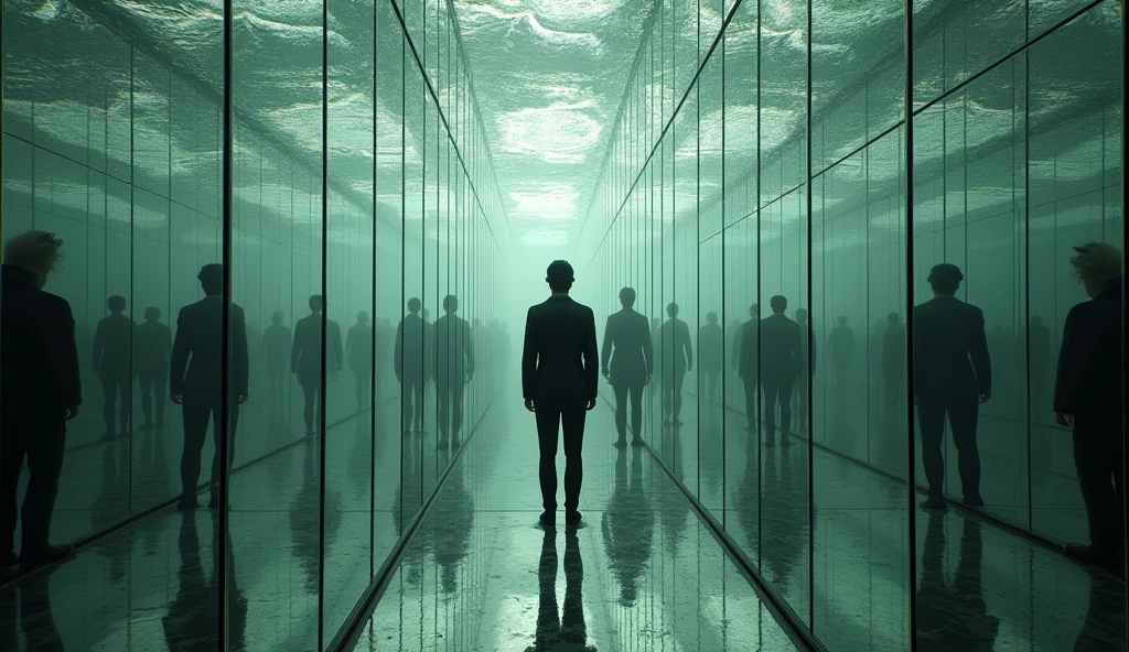 A maze of mirrors where each reflection shows a different version of the observer