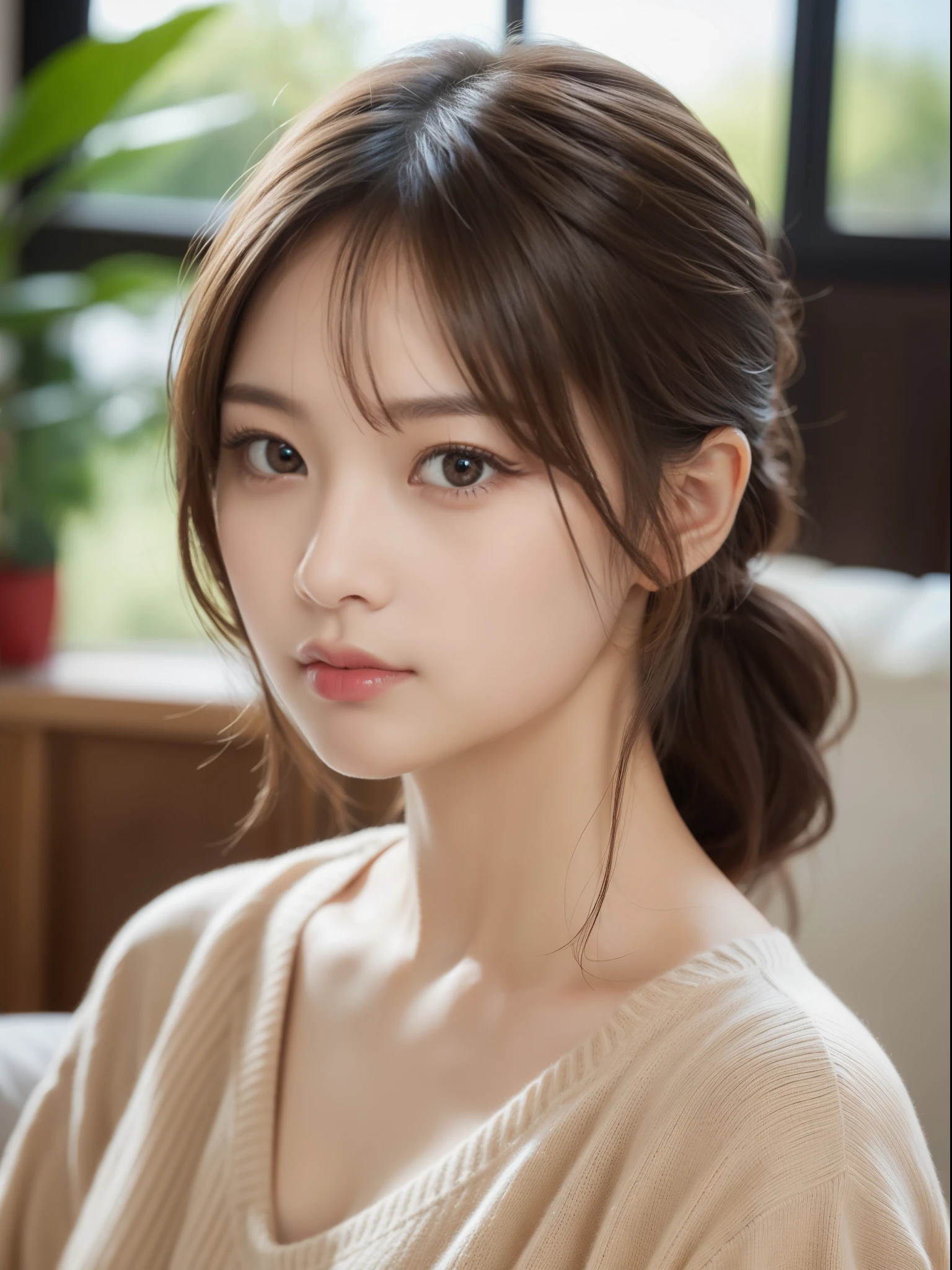 (masterpiece:1.5)、(8k)、(Photorealistic:1.5)、RAW Photos、(Best image quality:1.4)、(Sharp focus:1.5)、 (PurerosFace_v1:0.5)、
Highest quality、masterpiece、Ultra-high resolution、Soft lighting、
2、thin、Beautiful woman:1.4、Serious expression、
In the living room where the morning sun shines、 Sit on a cozy sofa、
she is wearing a red knitted sweater.、
Light brown hair、ponytail、Shiny Hair、
Super detailed face、Detailed eyes、double eyelid、
Natural color lip、Clear Skin、
