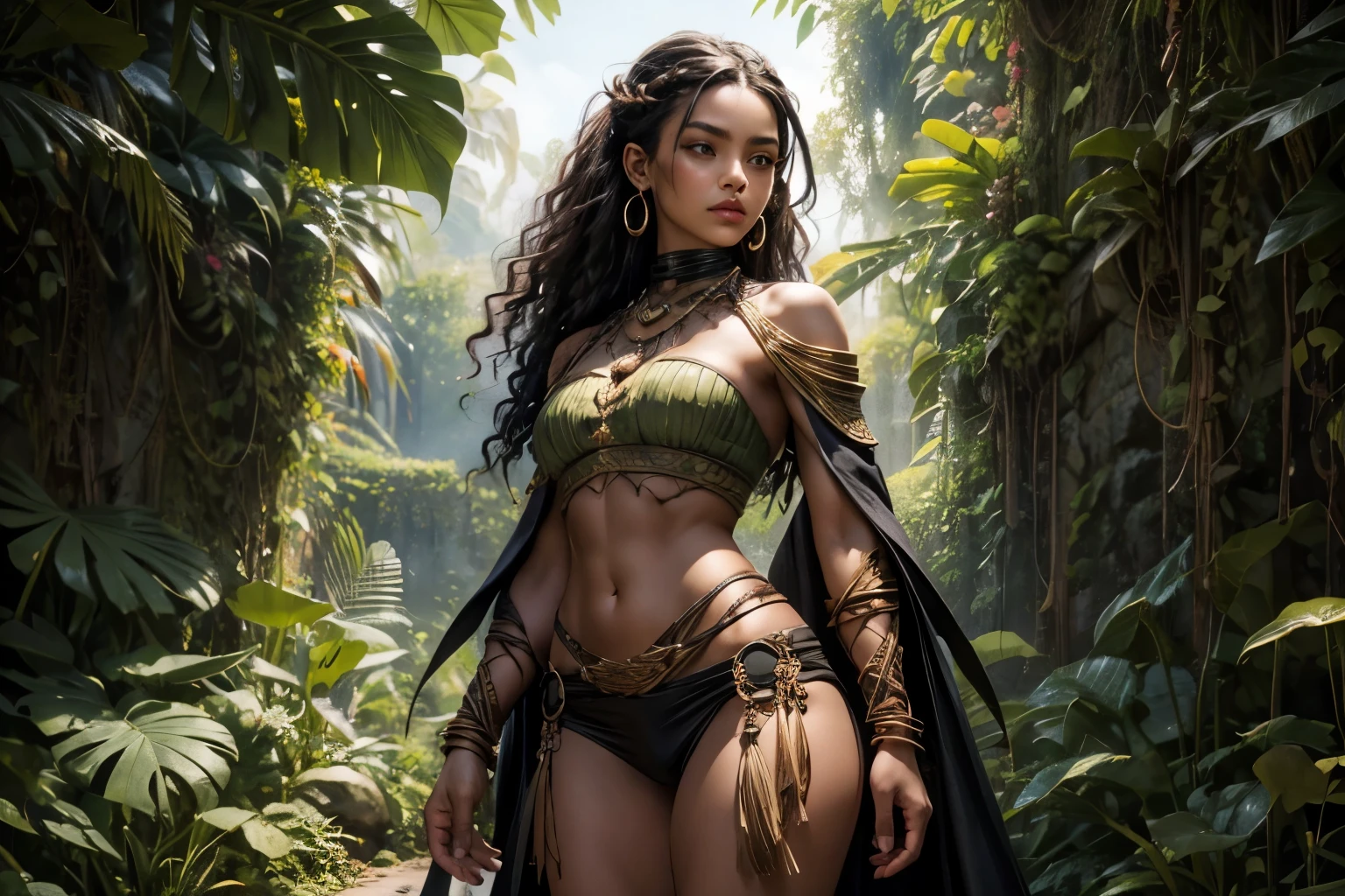 Style: "Prehistoric fantasy setting with a focus on authentic primitive clothing and accessories, reflecting the materials and craftsmanship of early human cultures." Solo woman portrait.
(Savannah Warrior Isanna is a beautiful prehistoric woman of the Negroid race.)
Face: Oval face with high cheekbones. The eyes are large, dark brown with a slight golden tint, the nose is wide with a soft tip, full lips are dark burgundy. The hair is very curly, black, long, braided in numerous thin pigtails. The skin is dark brown, with a copper tint.
Body: High, with expressive rounded forms. Well-developed muscles, especially in the legs and arms. Large breasts, flat stomach, wide hips. The legs are long and strong.
Tattoo: Primitive design in the form of zigzag lines, covering the left arm from the shoulder to the wrist. A small sun on the forehead above the eyebrows.
Clothing:
Material: Leaves and vines, natural green colors, slightly worn.
Bandage on the thighs: Made of thick vines and leaves, dark green, to the middle of the thighs.
Cape: Light, made of leaves, decorated with flowers, falls on the shoulders.
Necklace: Made of large stones and shells, hanging from strings of vines.