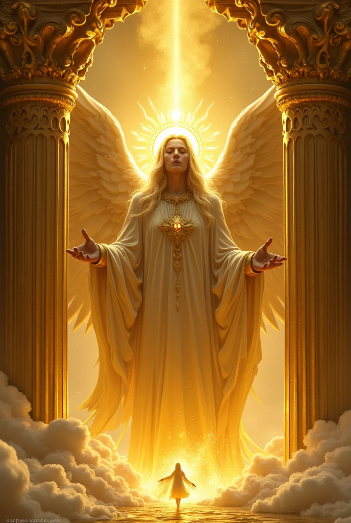 goddess, Castle of the Supreme Being, Omniscience, Almighty, Heavenly Man. It is made of shimmering gold walls that reflect the light of the angel&#39;s halo., Casting a mysterious glow on the ground. There is a god in the fortress, OmniscienceAlmighty, He holds the power and wisdom of heaven in his wise and gentle hands.. Its presence radiates an aura of peace and tranquility., Eyes open, looking at the viewer, Those seeking guidance and protection々Comfort. The castle itself is a marvel of creation, Exquisitely carved
