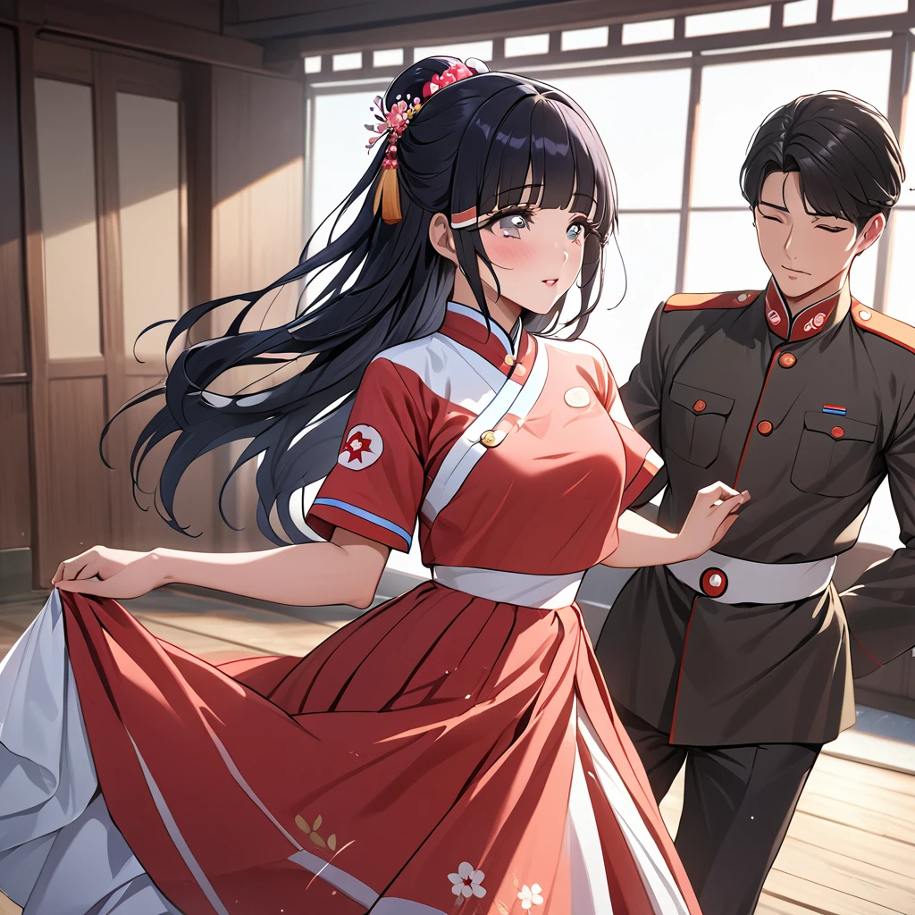 ((Highest quality)), ((masterpiece)), (detailed), （Perfect Face）、The woman is Reika Aoki with semi-long hair、The woman is a member of the North Korean pleasure squad, and wears an attractive North Korean traditional dress, dances for the general, and the man falls in love with her and proposes to her.
