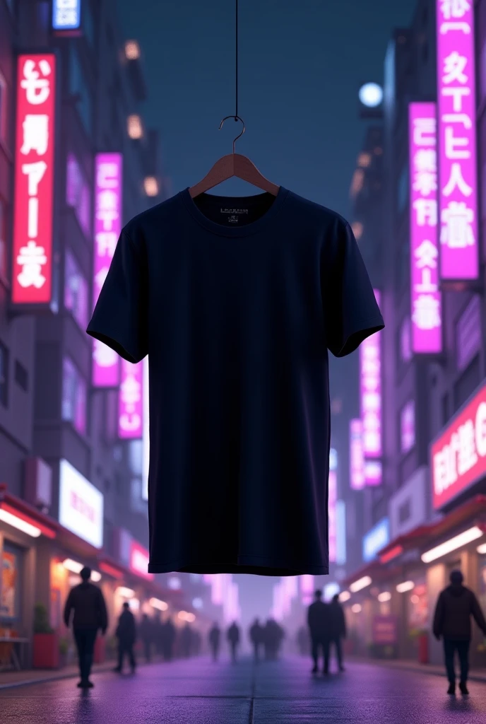 The back of a floating 3D black t-shirt with a Tokyo night background with buildings and shops with purple neon lights highlighted