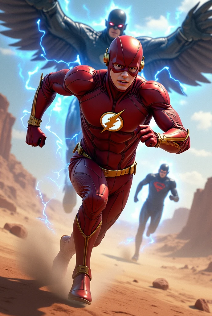 I want an illustration of Ezra Miller's Flash with Asian features and an aquiline nose., with large copper armor on his body and running in the desert between blue electric rays and chased behind by Zod flying with his black armor that flies and the shield with the silver letter S on his chest, Shooting red rays from his eyes