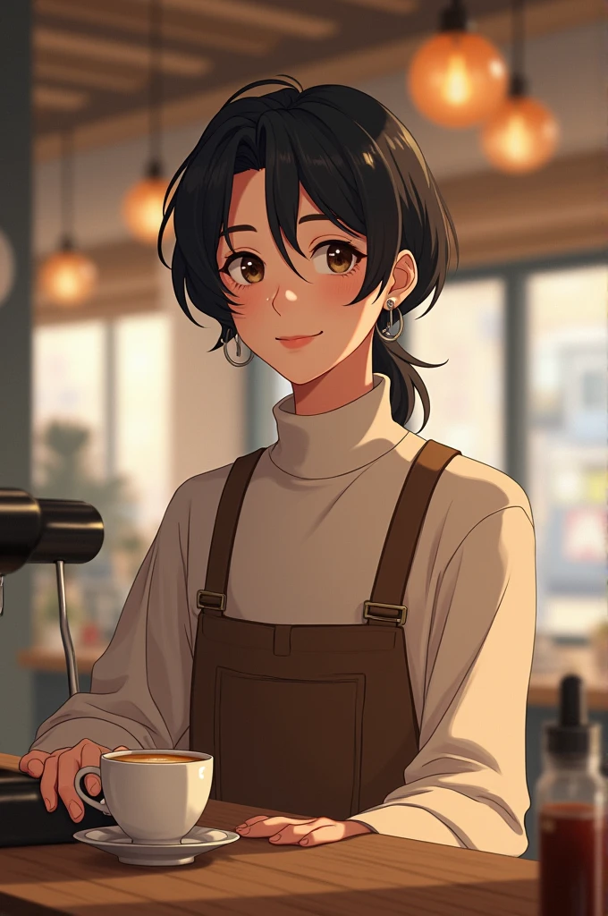A young man of 2 stands behind the cafeteria counter, surrounded by a warm and modern atmosphere. He is approximately 165 cm tall, with a balanced build and slightly defined abs that are subtly suggested under his uniform. His black hair falls to his shoulders, with bangs that cover his eyebrows and a white strand that stands out in his bangs. His monolithic, slightly droopy eyes reflect a kind, puppy-like look as he serves customers. His nose is small and turned up, and his medium-thick, pink lips are curved into a soft smile. The dimples on his cheeks appear every time he smiles. He wears a turtleneck sweater in a neutral shade, such as gray or white, which complements his minimalist style. His pierced left ear shows a small silver hoop, and a small mole under his right eye is a subtle but distinctive detail. His long neck and marked collarbones peek out slightly from his sweater as he moves gracefully behind the counter, preparing coffees with skill and attention.
