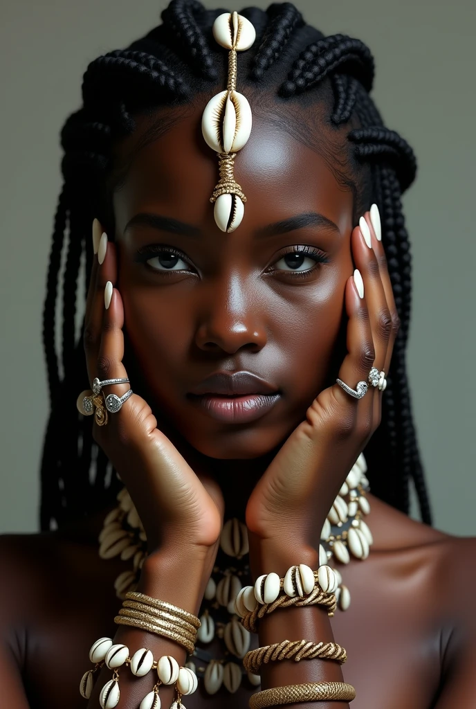 Black woman with braids wearing various cowrie shell accessories including rings 