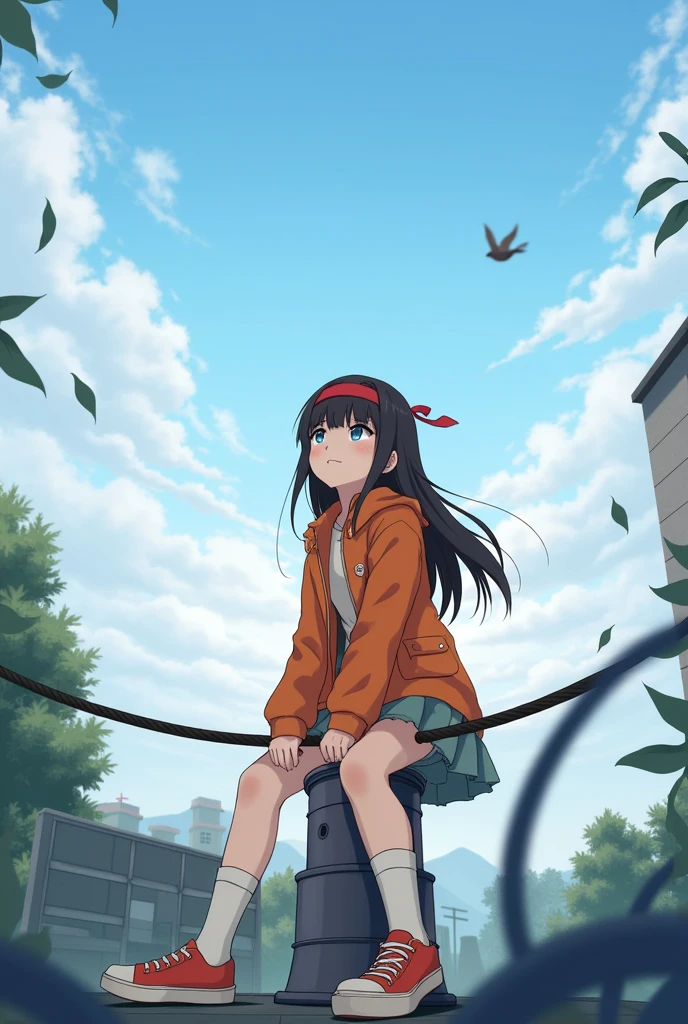 One girl,Orange shoes,alone,Sitting,null,cloud,Outdoor,Black Hair,bird,Upward view,blue null,White socks,Daytime,Orange jacket,building,Long sleeve,leaf,Long Hair,stage,red head band,Pump rope,head band,bangs,cloudy null,from_Under,wide_shot,