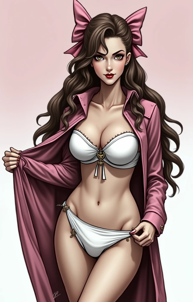 (masterpiece, best quality)), ((((perfect anatomy)))), Aerith Gainsborough from FF7, Caucasian woman with long brown braided hair, pink hair bow, dark eye-shadow, dark red lipstick, opening up pink dress, red jacket , (((white cotton panties))), white bra, smiling, ((((realistic art style, 50's pinup art))))