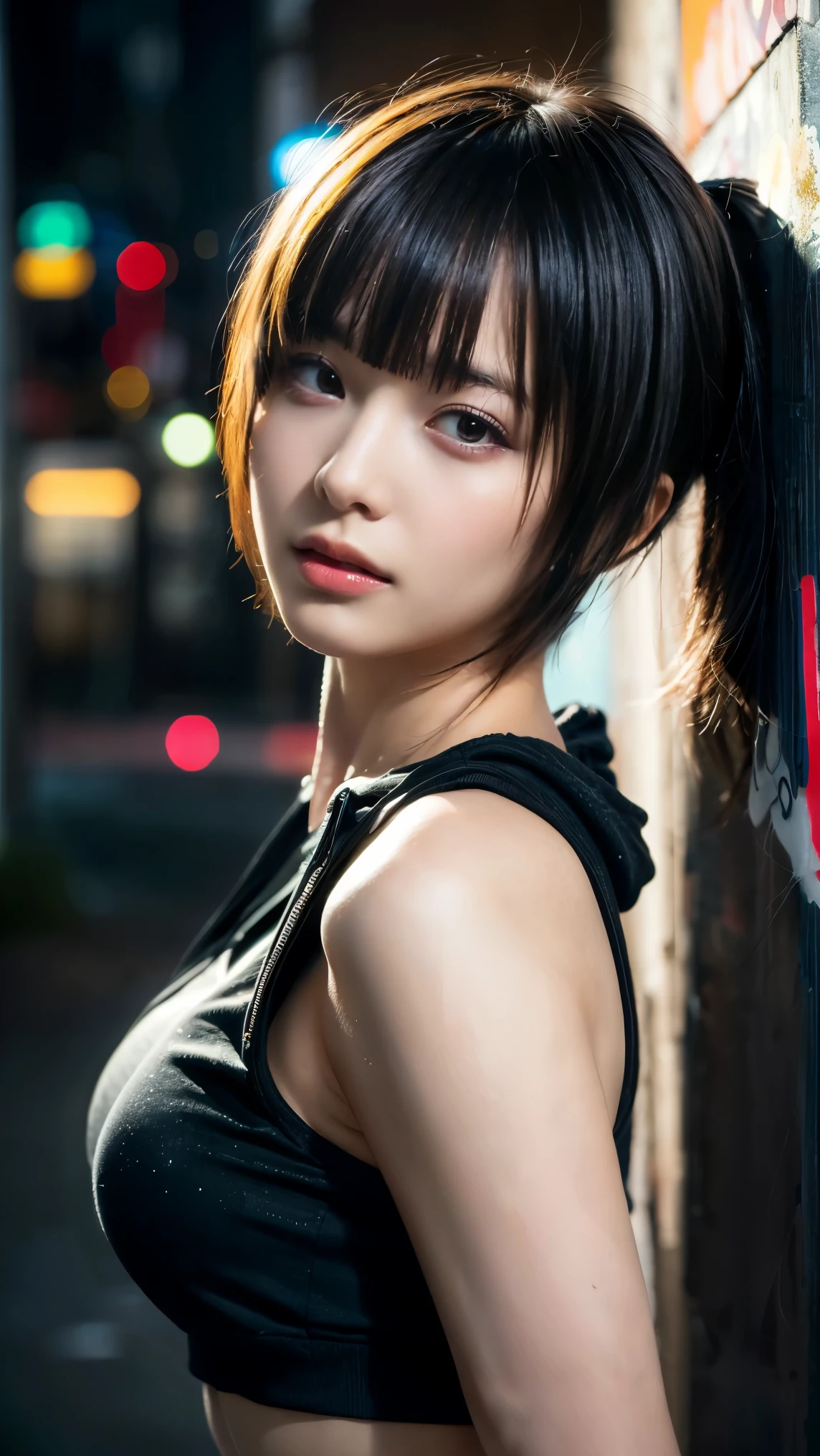 masterpiece, Highest quality, Very detailed, 8k, Realistic, One Girl, alone, Tomboy, Very detailed face, (head shot:1.5), Standing in front of a wall covered in hip hop graffiti, Cyberpunk neon cityscape,Pixie cut white hair, She is wearing a short neon tank top and an open hoodie....,I can see your chest,Nice ass,