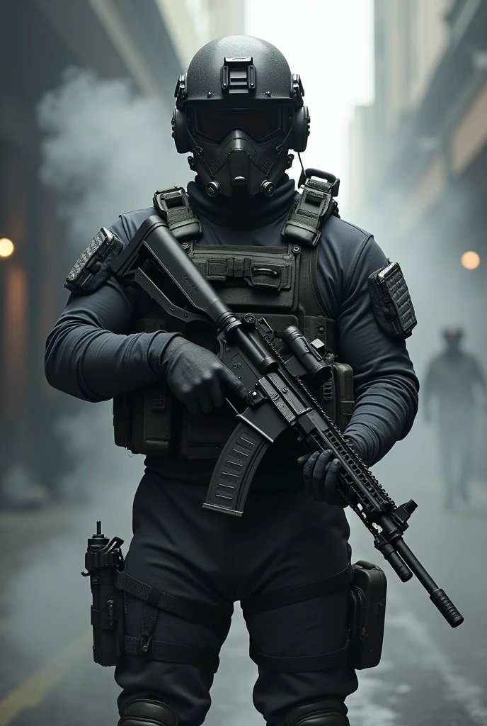 Give me a design for a tattoo. The design must be a black and grey piece, modern soldier, holding a assault rifle, wearing full gear, smoke in background, dramatic scene