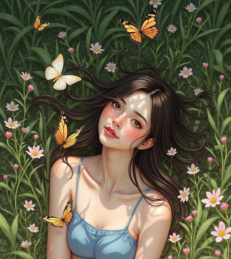 Masterpiece, Highest quality, 8ก, Ultra high resolution,True light and shadow,Film Lens,(beautiful eyes:1.1), ((Medium shot scene,upper body)),dynamic gesture,In green meadows,The gentle goddess walked over gently.。She's wearing a blue bikini.,A gentle breeze blew., My hair is straight and flowing gently.。Sunlight filtered through the leaves on her hair.,Reflecting her clear eyes and gentle smile。Colorful butterflies fluttered around her.,Flowers bloom at your feet.,It's as if nature is cheering her on..。