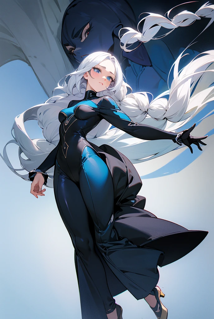 tall woman, de martial suit japones azul negro con cuello alto, loose pants , blue eyes, White hair, long white eyelashes, turtle neck, 12cm high heels black, Curvy body, dark round cravings, Long hair, with braids only, blush,((different angles))((martial suit)) slim