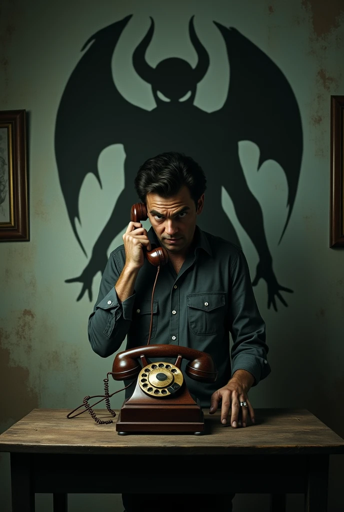 Someone answers an old telephone and on the wall the shadow of a demon