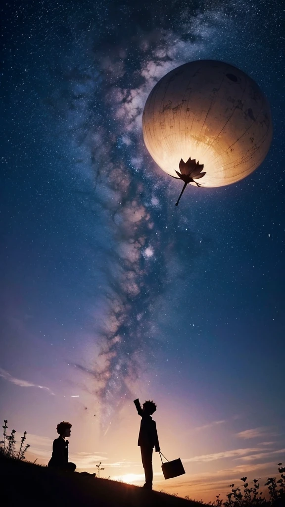 Silhouette du dessin animé le petit prince avec un beau ciel étoilé et une rose en bas de l'image