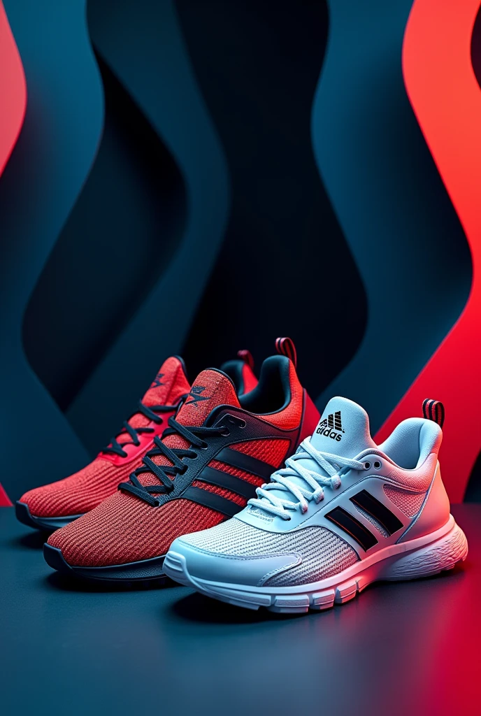 Modern black blue and red themed background image for Nike Adidas Jordan brand sneakers sales page