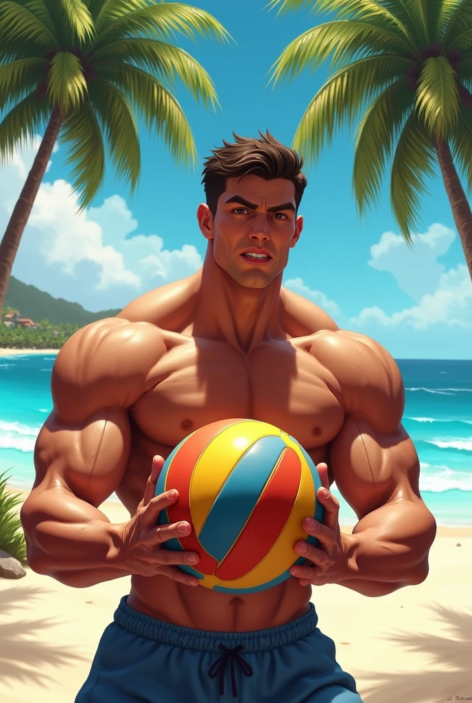 A male character holding a volleyball