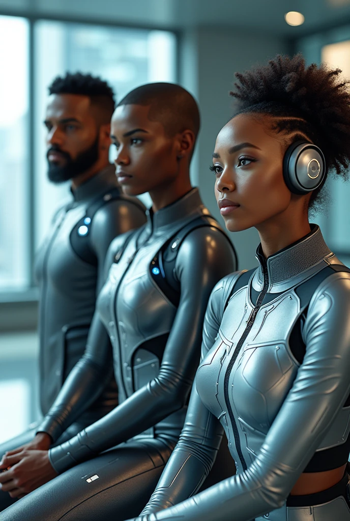 Black man and Man and woman inside in a futuristic apartment. Close up. Futuristic High tech gear. Incredible detail. Ultra high quality.