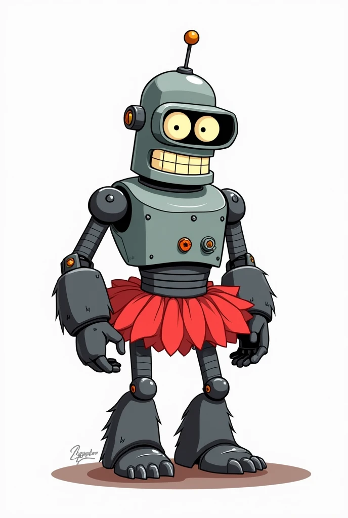 A cartoon-style illustration of a gorilla robot with a design loosely similar to Bender from Futurama. The gorilla robot has a metal body, grey fur, googleyeyes, and a smile. It is standing on a platform. It has control panel on its chest and is wearing a red tutu (#e50046) tutu. isolated on white. sat at a computer