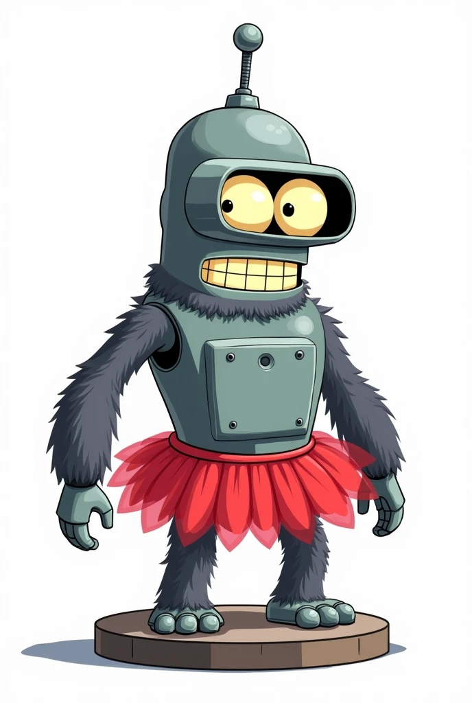 A cartoon-style illustration of a gorilla robot with a design loosely similar to Bender from Futurama. The gorilla robot has a metal body, grey fur, googleyeyes, and a smile. It is standing on a platform. It has control panel on its chest and is wearing a red tutu (#e50046) tutu. isolated on white. sat at a computer