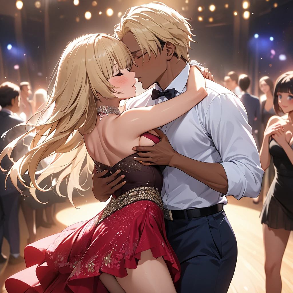 ((Highest quality)), ((masterpiece)), (detailed), (Perfect Face)、The woman is Reika Aoki, a Latin American with brown skin and medium-long blonde hair.、Woman wears Latin dance dress in South America、The woman is dancing passionately with the man, kissing and embracing him while he fondles her breasts. The man proposes to her and she accepts the proposal.