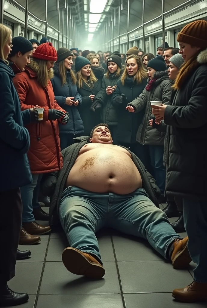 Women and children in winter boots and shoes and in winter clothes in the entire Moscow metro are trampling in a crowd on a fat man lying on the floor. The man is 185 cm tall and dirty marks remain on him.. The guy lying on the floor must be fat, and his torso must be naked. And people should be right on it.. Do it this way, so that people would be right on his stomach and chest. Almost done! People should trample him with their naked bodies. He should have the feet of people standing on him on his stomach and chest..