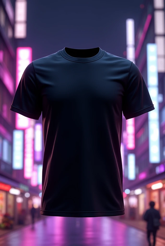 The back of a floating 3D black t-shirt with a Tokyo night background with buildings and shops with purple neon lights highlighted
