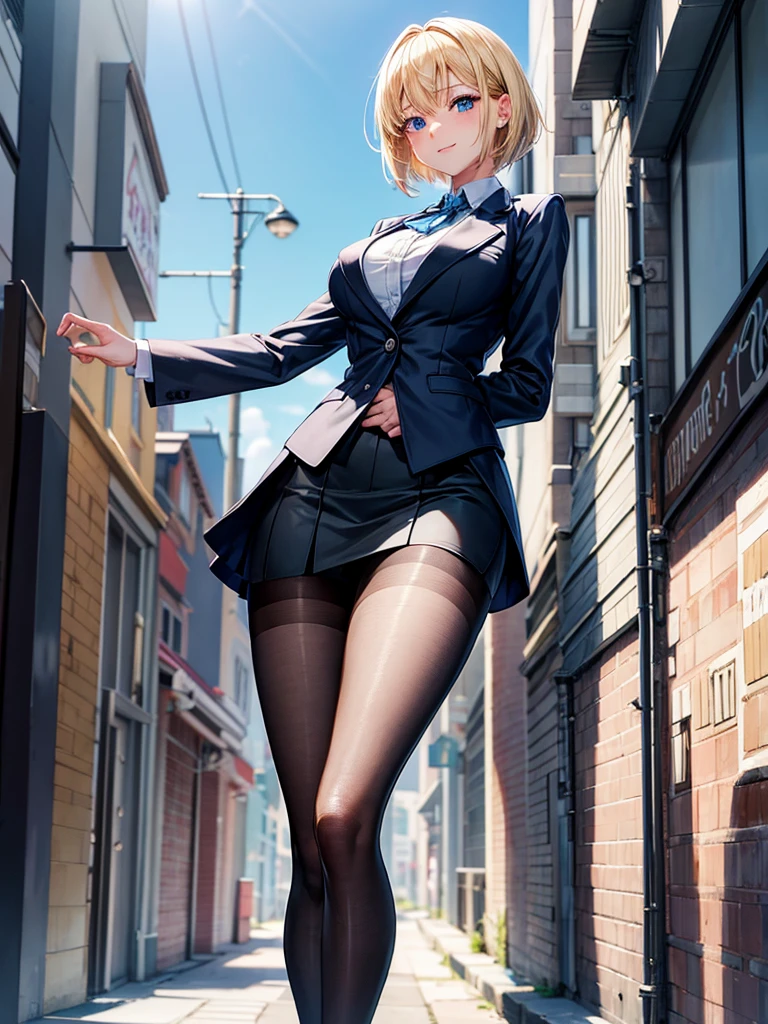 Anime style, super fine illustration, highly detailed, beautiful detailed, perfect detailed, super high quality image, static representation, gentle expression, happy expression, the pretty image, super stylish, 8k, pretty 1girl with blonde straight short hair & blue eyes & a bright smile & full bust & soft fair skin is a career woman supervisor who is not to show her skin wearing big light blue business shirt & black summer tailored jacket & black tight skirt & black pantyhose on the urban business buildings street, in the morning, solo, perfect fingers, no more fingers, no less fingers, perfect arms, no more arms, perfect legs, no more legs, no more hair, masterpiece.