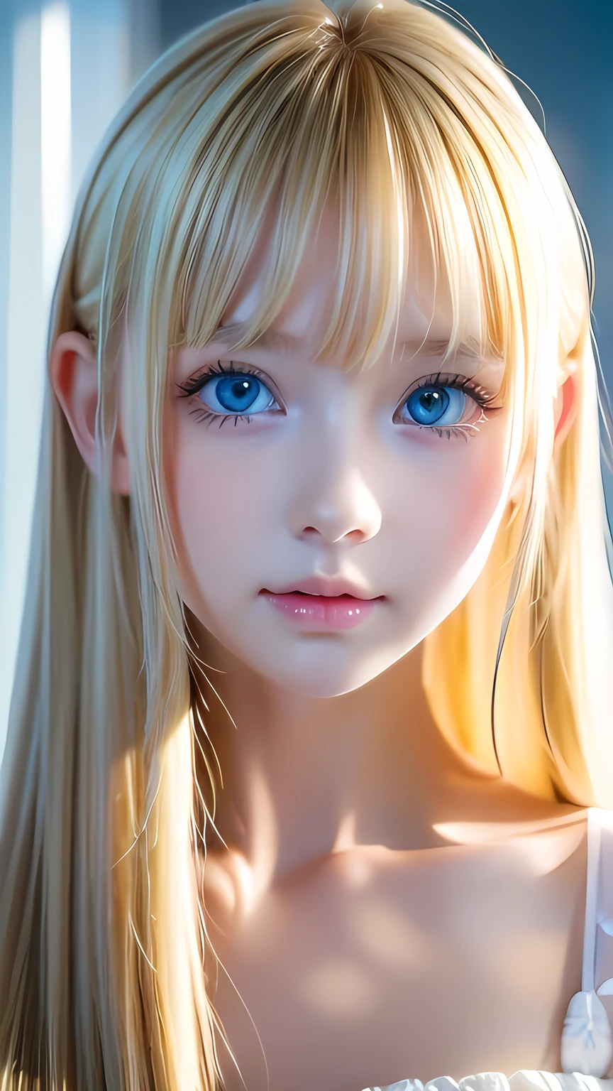 Portrait、front、Kissface、Very beautiful blonde hair、Bright Blue Eyes、Beautiful Girl、1 Nordic beauty、Shiny, super long, straight, silky hair、Beautiful natural platinum blonde、Very bright, large light blue eyes that shine beautifully、Double eyelids、Bright big eyes、Small Face Beauty、round face、Cheek gloss highlighter、Ample breasts、Very white and shiny skin、Glowing Skin、Mysterious blonde hair color that changes with the light、Long bangs obstruct the view、Sexy and very beautiful lovely cute gorgeous face、The most beautiful face in the world、smooth, straight hair、Shining light blue eyes、Beautiful bangs、Beautiful cute girl、disheveled bangs above the eyes,、Baby Face