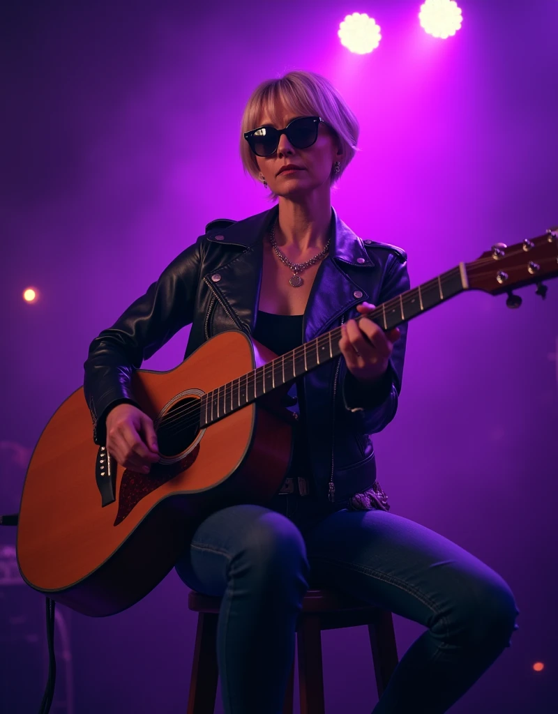 Realistic photos, beautiful woman 40 years strong physique and perfect body,  pixie layered cut hair, wearing sunglasses, leather jacket and jeans, playing guitar on a stool on the stage, purple spotlight on the background, night party atmosphere 