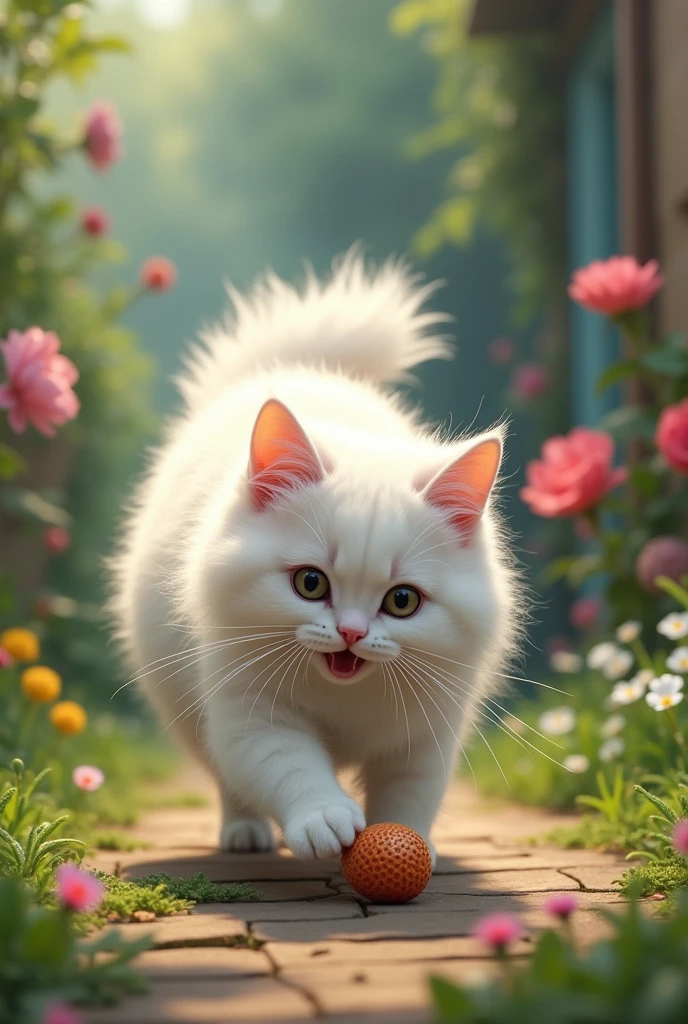 high resolution、high quality、Real、Realistic、Realな質感、Realistic、Super detailed、High resolution、Catじゃらしで遊んでいる、Cat、garden、白いペルシャCat、Hair short、running、