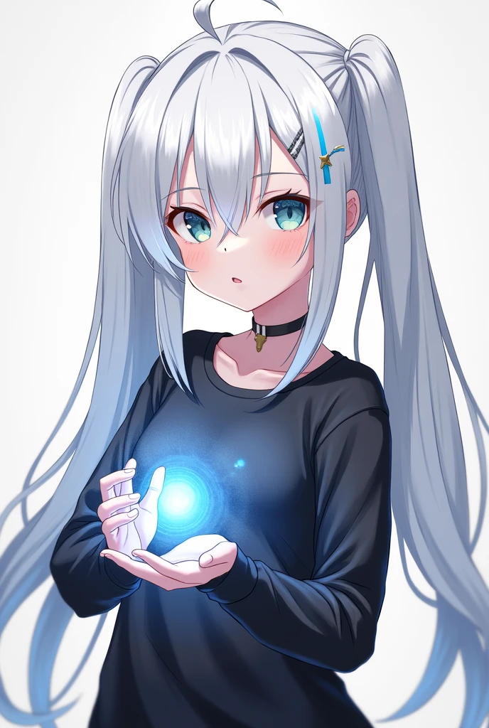 Female character white hair with pigtails magic black shirt student style