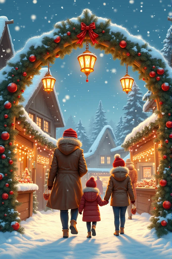 créer une illustration : un couple et deux petits garçon , ils se baladent arché de Noël avec des décorations de Noël magnifique et de magnifiques chalet, sous la neige, hyper réaliste beauté