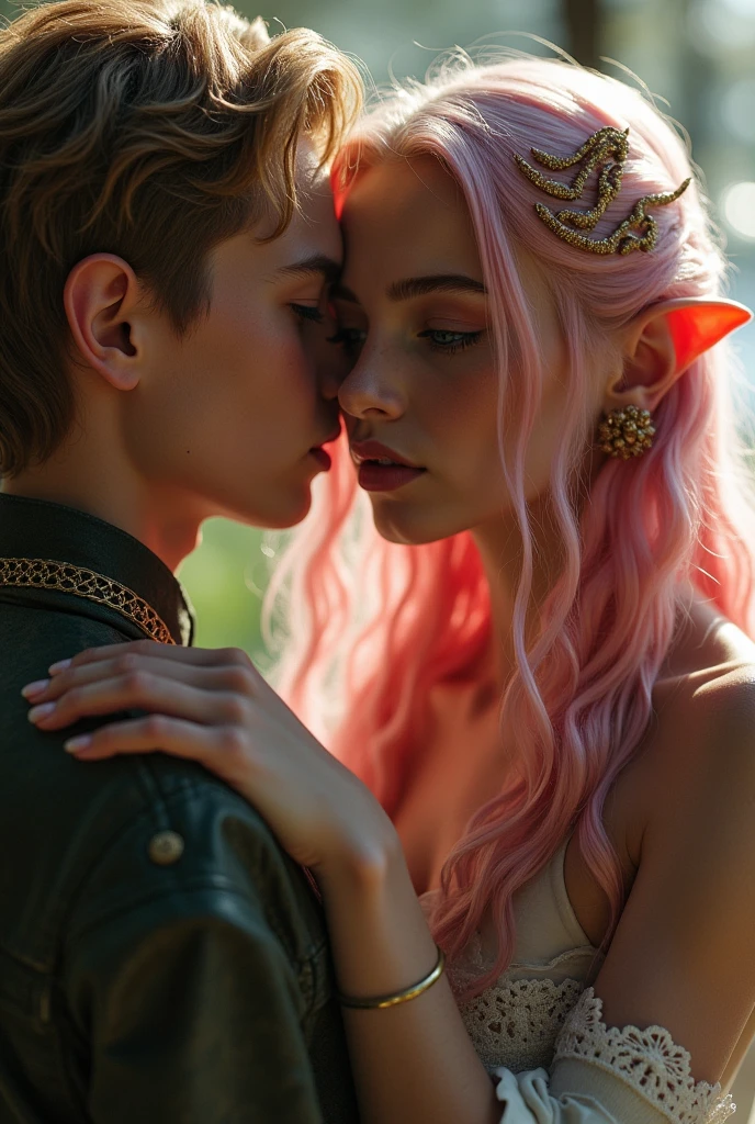 elf girl with pink hair sex with a boy with dark blonde hair