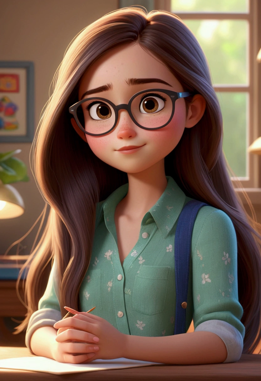 Make me a girl with long straight hair and glasses ,and short blouse ,pixar style