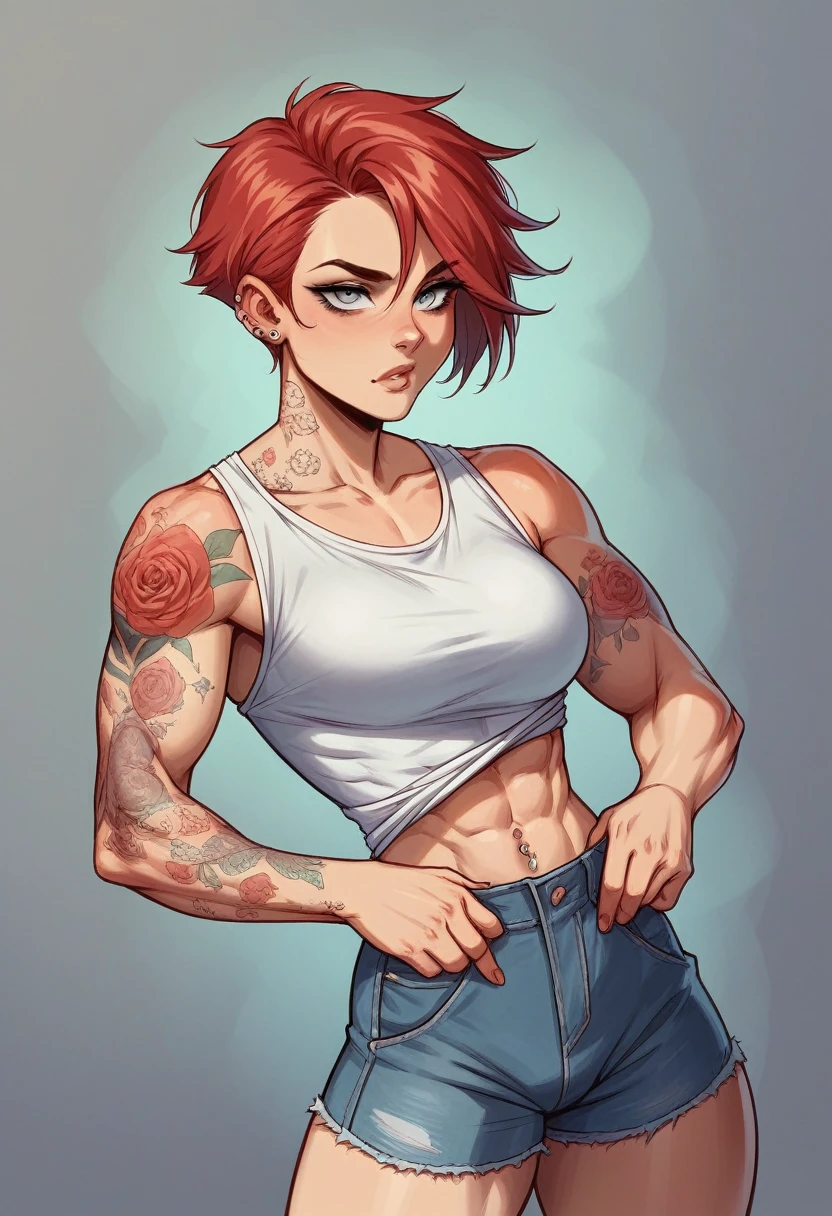comics,a young woman, short red hair, blue gray eyes, athletic muscular,floral tattoos, piercings,she wears an shirt, she plays Krav-Maga