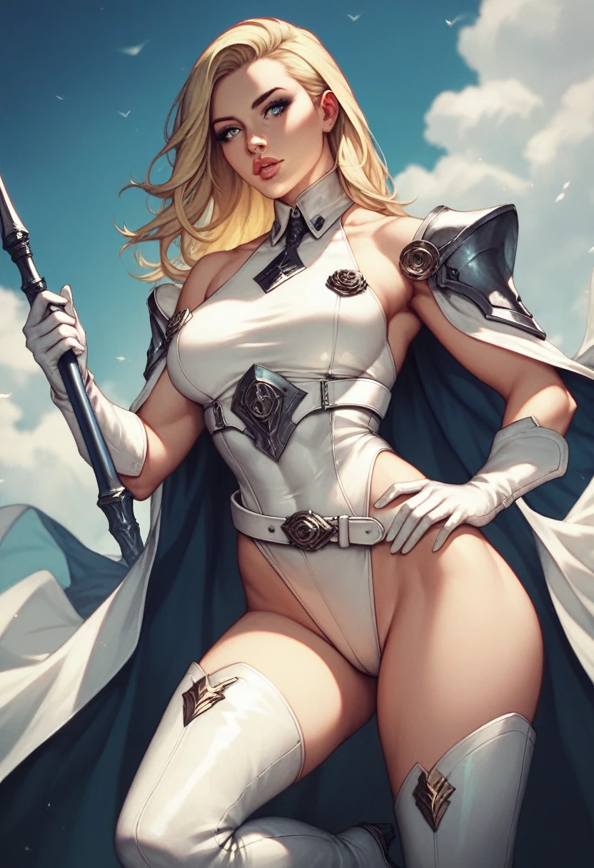 1girl, blonde, shoulder-length, detailed face, detailed eyes, detailed lips, dark blue leotard, white collar, white belt, white gloves, white boots, cut-out costume