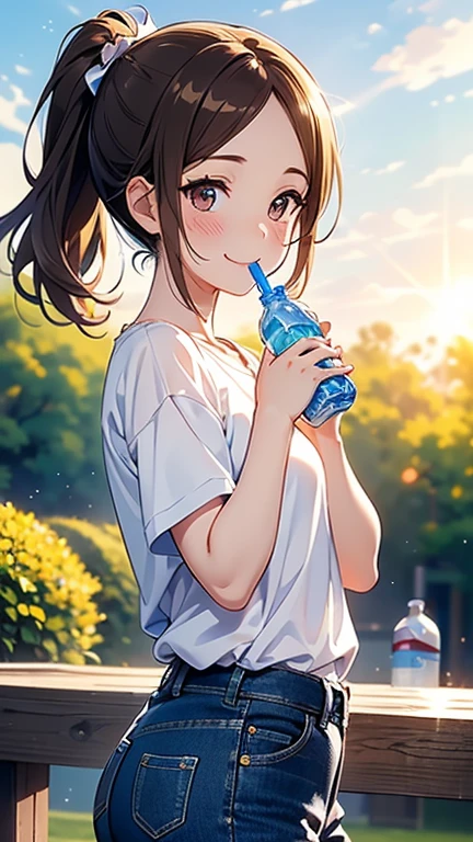(Short brown ponytail),Staring at us from the front,Beautiful brown hair, Clear brown eyes, A little chubby,Small breasts,Small butt,(((A big smile))),Highest quality, masterpiece, Ultra-high resolution, 8k,,Spring Sky,((Spring Outfits)),Show anime style , One, Soft Line Art, Digital Enhancement, shojo anime touch, shojo manga core, Flowing fabric, close, Soft Drawing, Ultra High Definition Digital Anime Art, Clear facial depiction, Highly detailed girl manga character art, Ultra-detailed manga style, Highest qualityの色, 
Summer landscape,T-shirt and jeans,Sunshine,Sweat on the forehead,(((Drinking bottled water))),((I hold my hands up in the dazzling sunlight)),Cowboy Shot