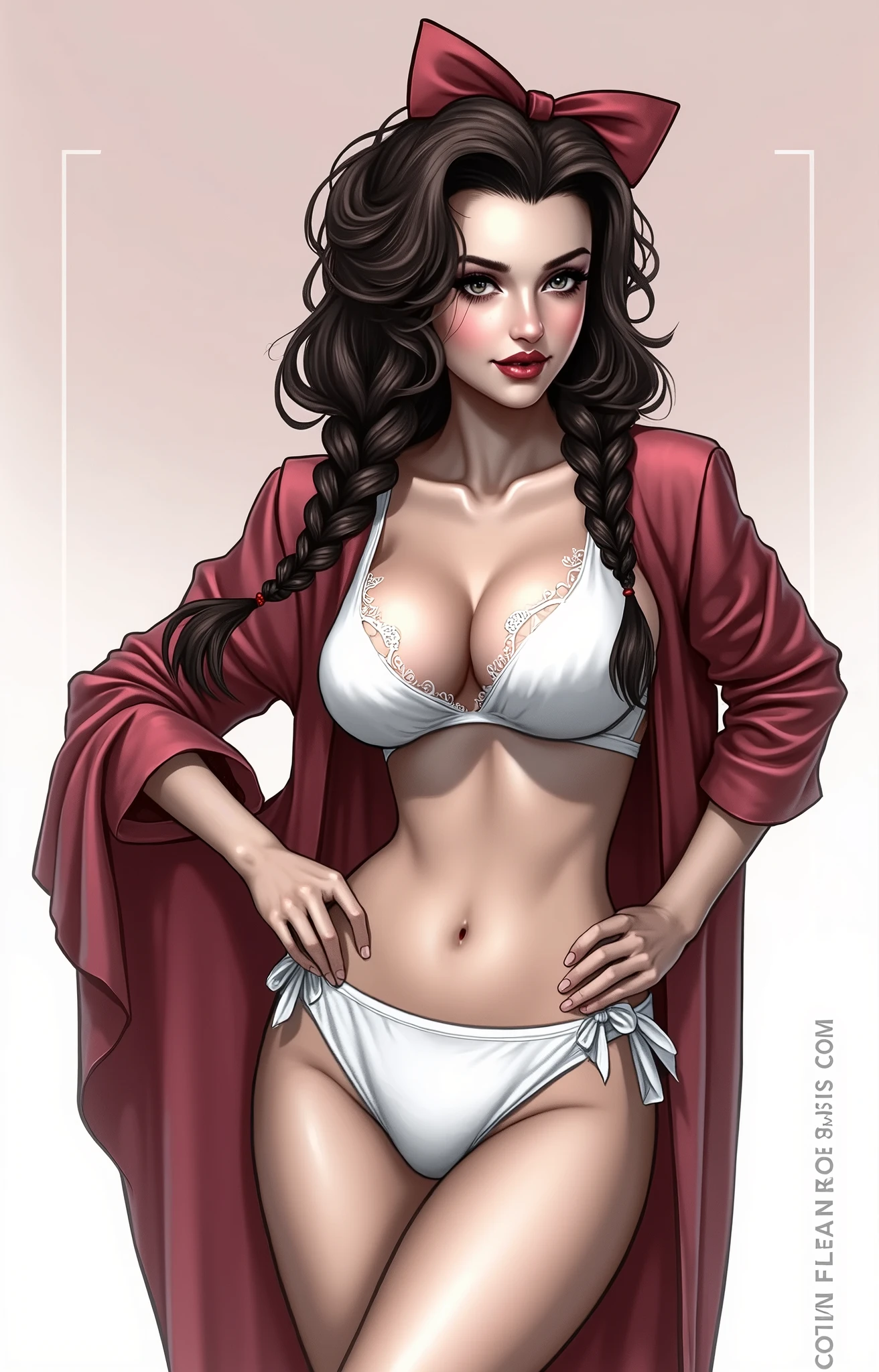 (masterpiece, best quality)), ((((perfect anatomy)))), Aerith Gainsborough from FF7, Caucasian woman with long brown braided hair, pink hair bow, dark eye-shadow, dark red lipstick, opening up pink dress, red jacket , (((white cotton panties))), white bra, smiling, ((((realistic art style, 50's pinup art))))