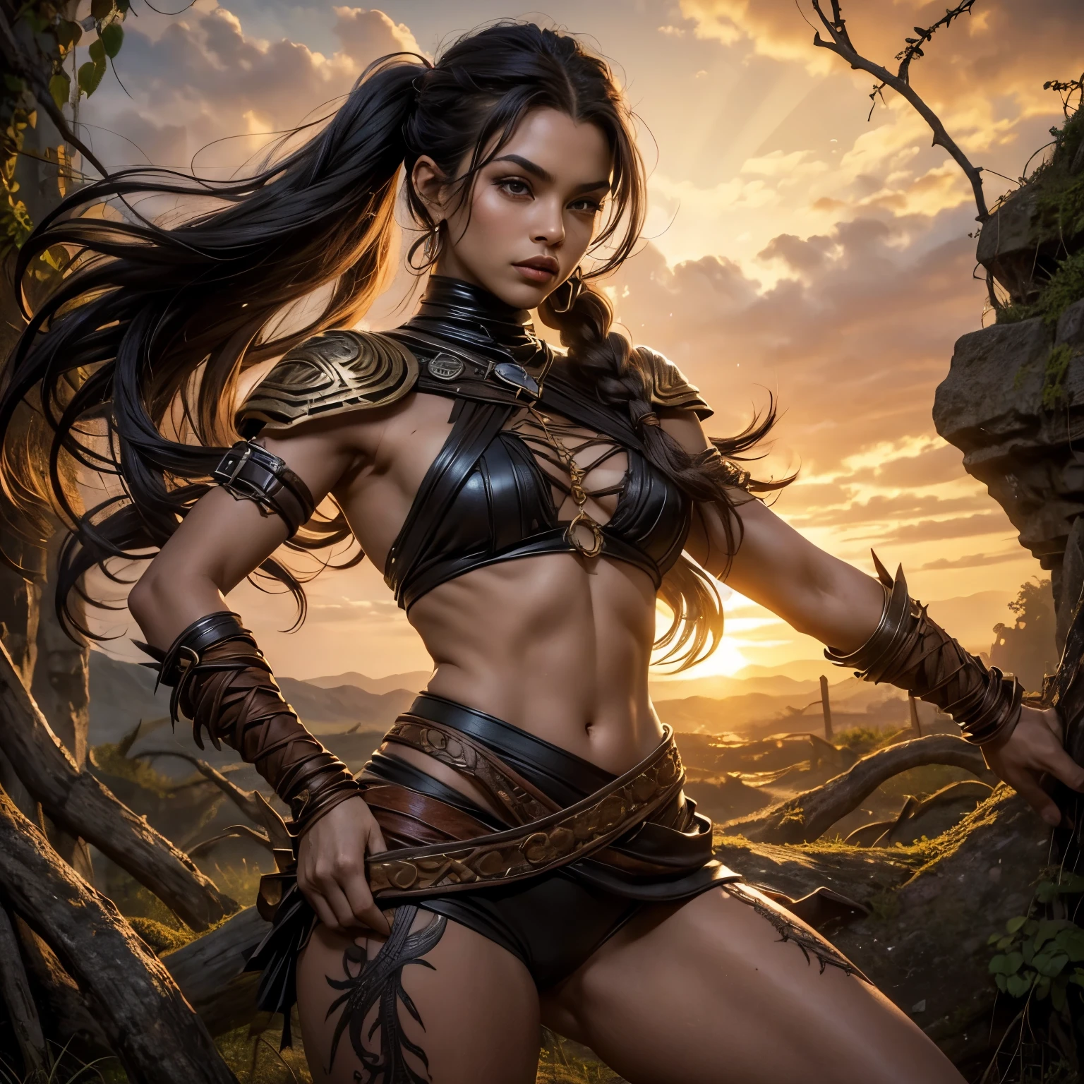 Style: "Prehistoric fantasy setting with a focus on authentic primitive clothing and accessories, reflecting the materials and craftsmanship of early human cultures." Solo woman portrait.
(Savannah Warrior Isanna is a beautiful prehistoric woman of the Negroid race.)
Face: Oval face with high cheekbones. The eyes are large, dark brown with a slight golden tint, the nose is wide with a soft tip, full lips are dark burgundy. The hair is very curly, black, long, braided in numerous thin pigtails. The skin is dark brown, with a copper tint.
Body: High, with expressive rounded forms. Well-developed muscles, especially in the legs and arms. Large breasts, flat stomach, wide hips. The legs are long and strong.
Tattoo: Primitive design in the form of zigzag lines, covering the left arm from the shoulder to the wrist. A small sun on the forehead above the eyebrows.
Clothing:
Material: Leather and vines, dark brown color, roughly finished.
Thigh Band: Made of thick leather and vines, decorated with feathers, to the middle of the thighs.
Bracers: High, made of leather, wrapped in vines, decorated with bones.