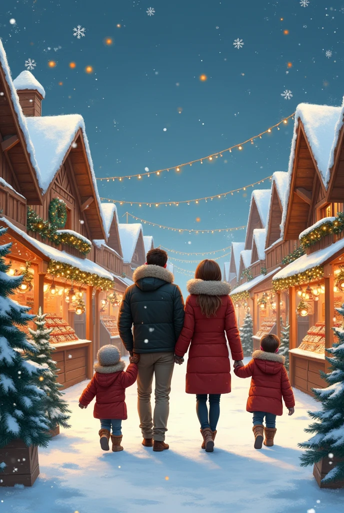 
créer une illustration : un couple et deux petits garçon , ils se baladent marché de Noël avec des décorations de Noël magnifique et de magnifiques chalet, sous la neige, hyper réaliste beauté