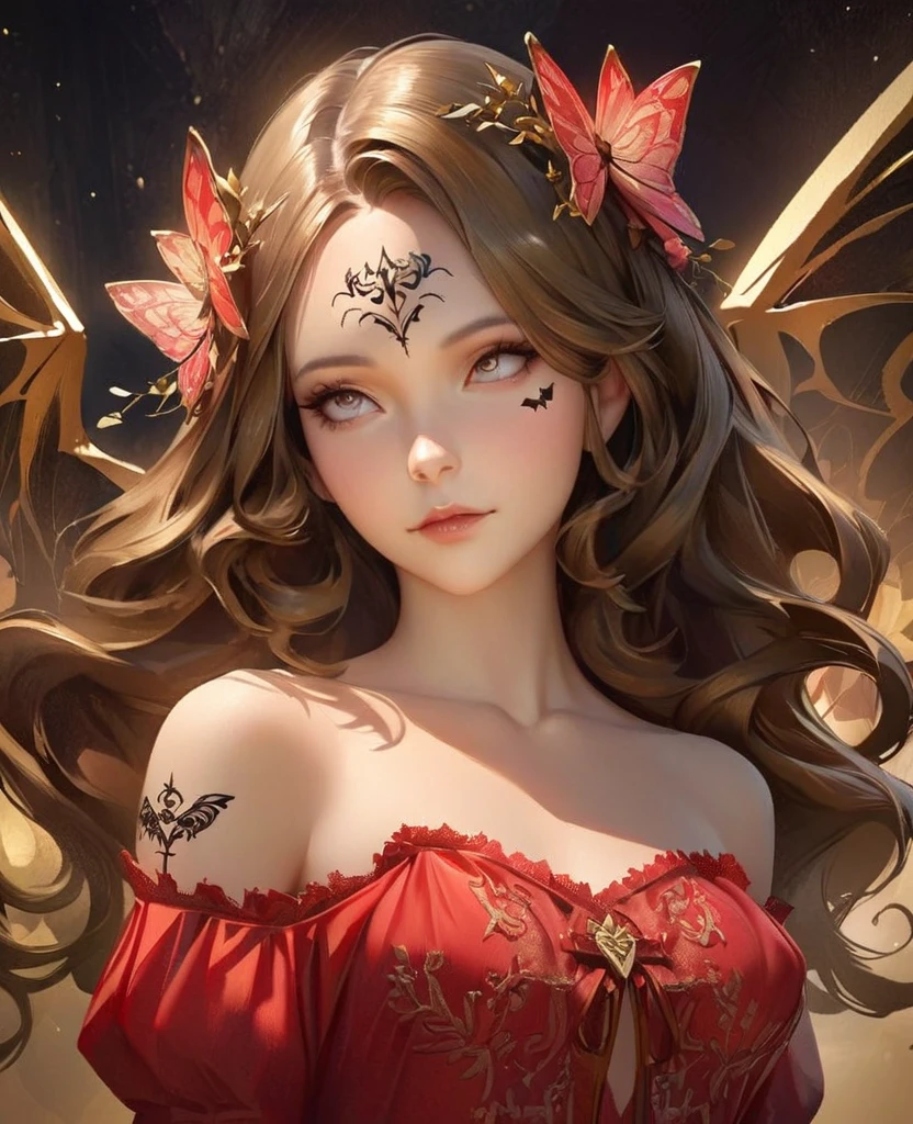 A close-up realistic and artistic portrait painting of a fairy she has a long vibrant sky gold wavy hair styled in loose curls with bangs framing her forehead, adorned with a red floral bow, gig tits sexy sensual all black serene and contemplative expression, next to her right eye there is a small detailed bat wing tattoo, featuring intricate black and gold patterns with sparkling accents and fine lines resembling veins, The tattoo, consists of delicate gold lines forming the wings, with small white dots representing scales. Small white decorative elements resembling flowers, arrows, or tiny branches extend from the wings, creating a sense of depth, wearing a red dress with off-the-shoulder sleeves featuring white lace trim and ruffles with intricate designs, A ribbon is tied into a bow at the center front of the dress, which has a deep V-neckline., Her expression is calm and gentle The scene is set in an elegant room with walls and a matching curtain featuring subtle butterfly design, The lighting is soft and even, highlighting the subject's facial ,The overall composition is centered and balanced, creating a whimsical, enchanting, and inviting mood, 8k, photorealistic, trending on ArtStation .by Galr Dfh