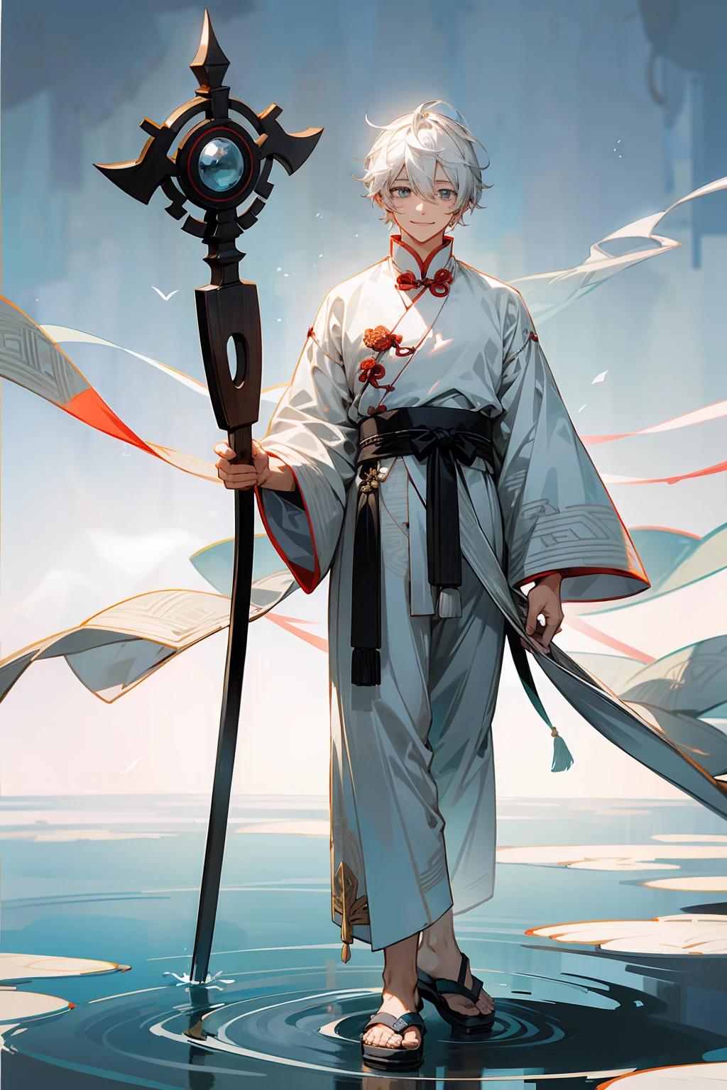 1male, Adult, Grey Colored Eyes, White Hair, Sandals, Smile, Chinese Outfit, Standing On Pond, Staff