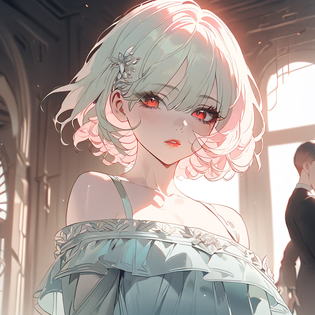 off shoulder, 1girl, detailed eyes, detailed lips, long eyelashes, beautiful face, modern dress, flowing short hair, albino, serene expression, natural lighting, intricate details, cinematic composition, pale, pastel color palette, atmospheric, dreamlike, (best quality,4k,8k,highres,masterpiece:1.2),ultra-detailed, red eyes, white eyelashes