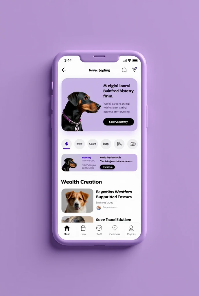 Make the mobile interface of an animal NGO purple without looking like a social network, and yes an informative website