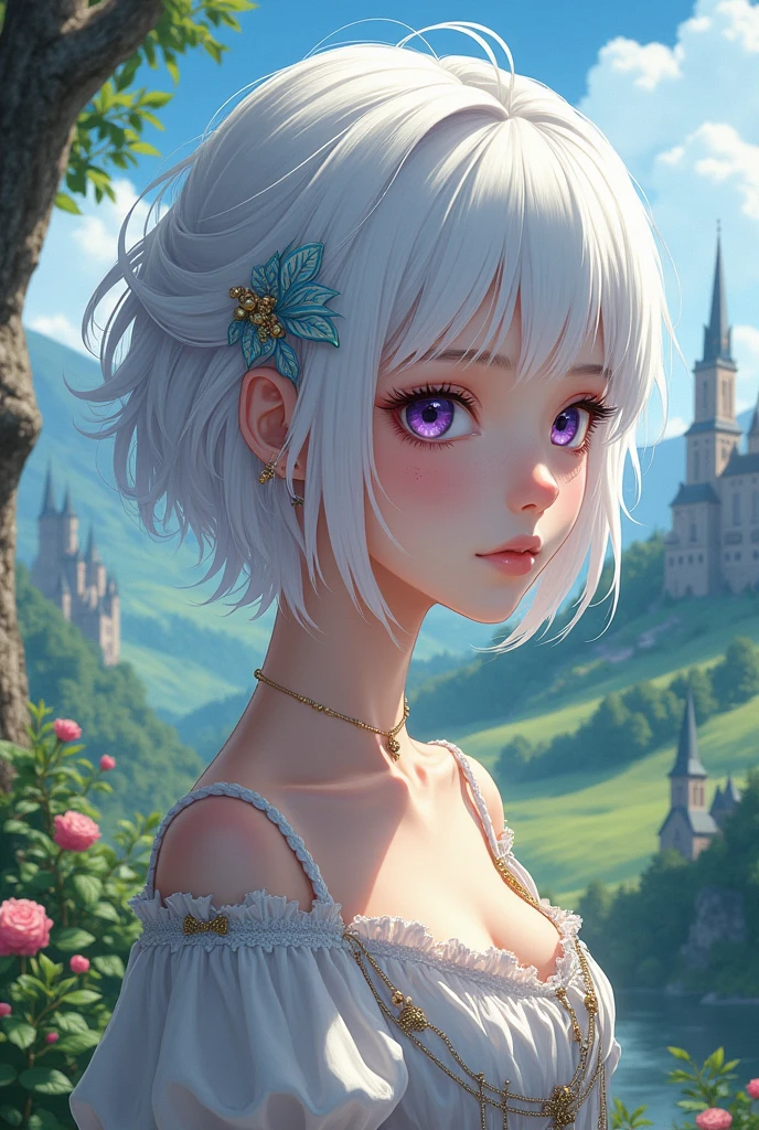 A beautiful 20 year old woman with short white hair, DARK purple eyes, freckles on the face and fair skin. Anime traits in medieval times.
