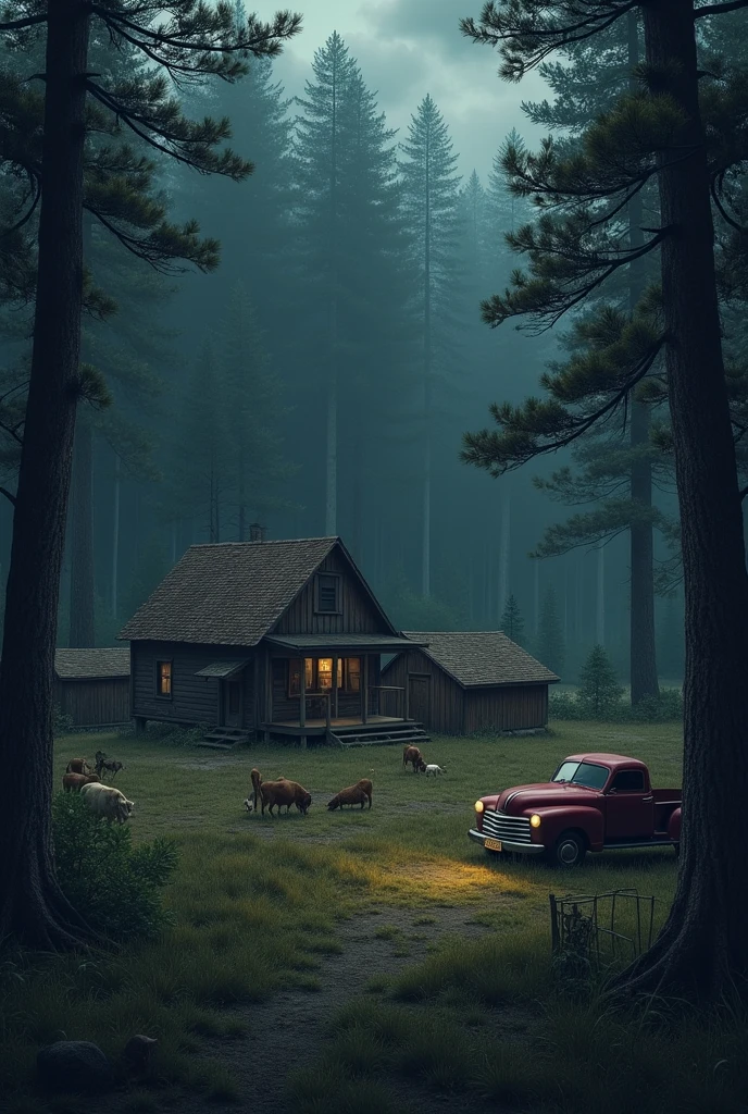a wooden house, far from the city, A farm, a cabin near the house, some animals around, practically isolated in the middle of the forest, just an old wine colored pickup truck outside the house, the night, dark image