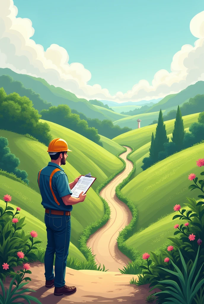 An engineer looking at the parabolic shaped land where he will put a garden and a garden with a straight path