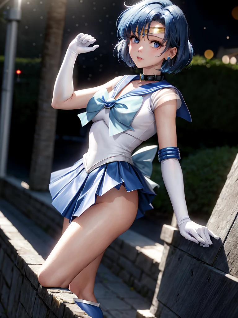 masterpiece, highest quality, High resolution, See more1, tiara, sailor warrior uniform, blue skirt, Blue Sailor collar, headdress, bow, knee length boots, collar, white gloves, Blue collar, elbow bag, jewelry, earrings, pleated skirt, denim photography, outdoor, background bokeh (85mm lens), Face-to-face camera