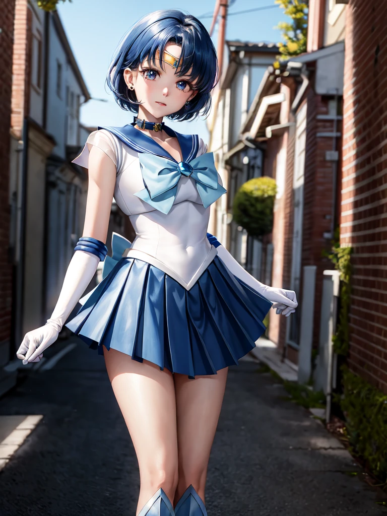 masterpiece, highest quality, High resolution, See more1, tiara, sailor warrior uniform, blue skirt, Blue Sailor collar, headdress, bow, knee length boots, collar, white gloves, Blue collar, elbow bag, jewelry, earrings, pleated skirt, denim photography, outdoor, background bokeh (85mm lens), Face-to-face camera